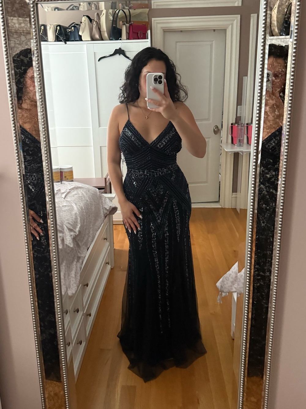 Lord & Taylor Navy Blue Beaded Spaghetti-Strap Evening Gown